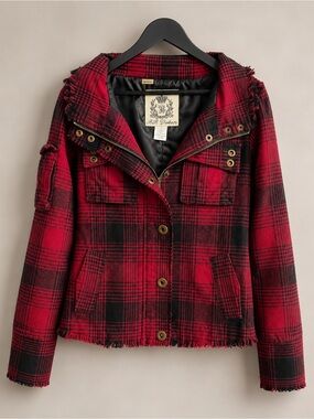 BB Dakota Red Black Plaid Hooded Jacket XS Buffalo Check Utility Coat